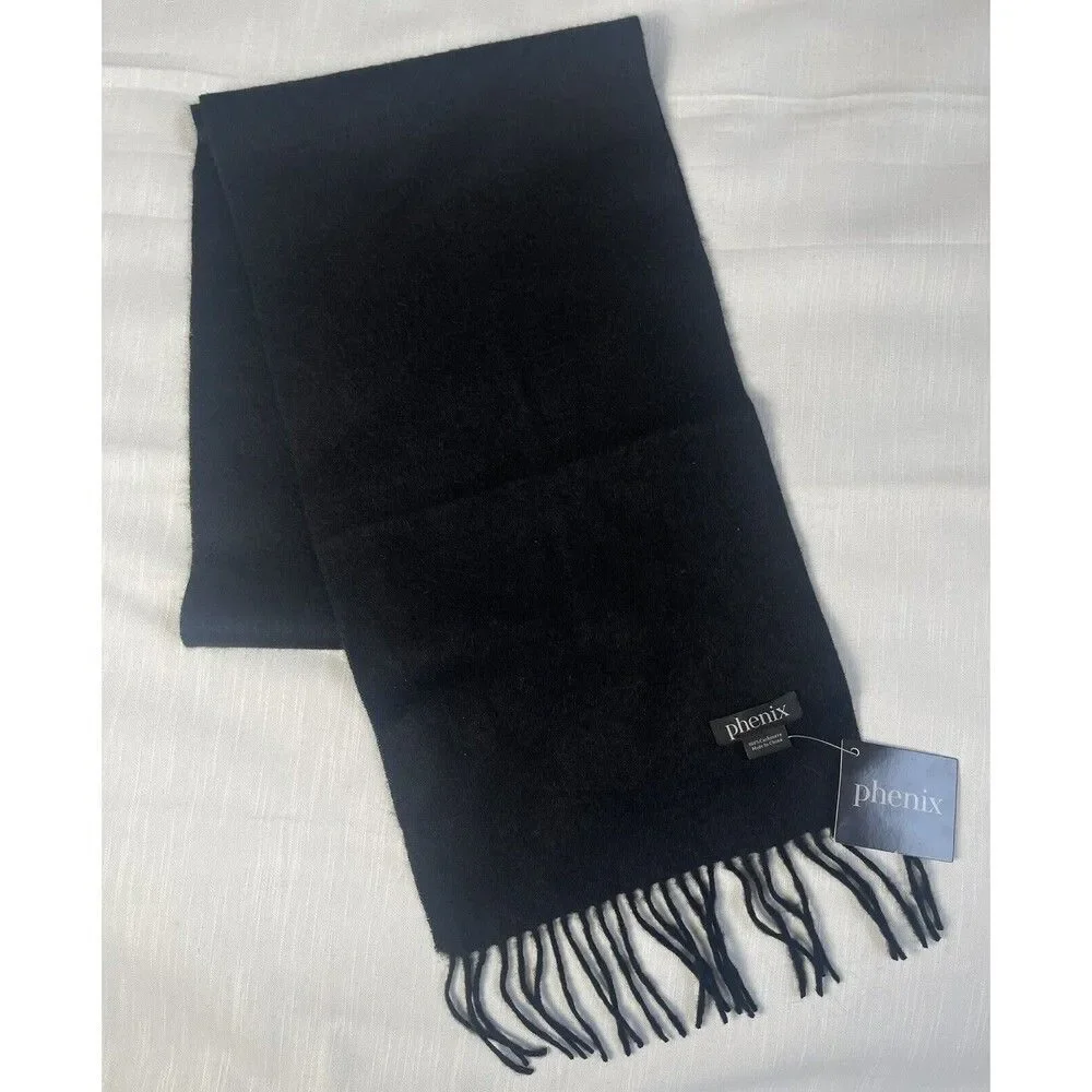 Phenix Black 100% Cashmere Fringe Lightweight Scarf 74”x11” Unisex New